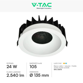 V-Tac Faretto LED COB 24W Incasso Rotondo CCT Bianco