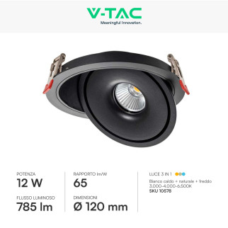 V-Tac Faretto LED COB 12W Incasso Rotondo Orientabile CCT