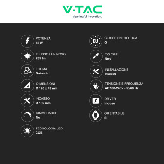 V-Tac Faretto LED COB 12W Incasso Rotondo Orientabile CCT