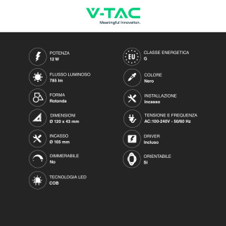 V-Tac Faretto LED COB 12W Incasso Rotondo Orientabile CCT