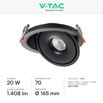 V-Tac Faretto LED COB 20W Incasso Rotondo Orientabile CCT