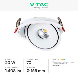 V-Tac Faretto LED COB 20W Incasso Rotondo Orientabile CCT