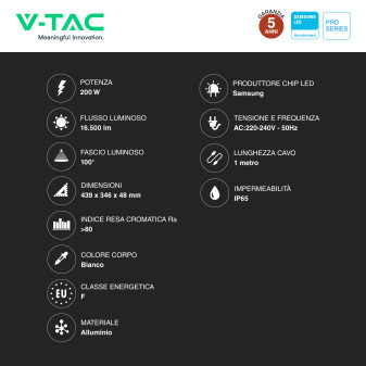 VT-200 Faro LED SMD 200W IP65 Chip Samsung Bianco V-Tac
