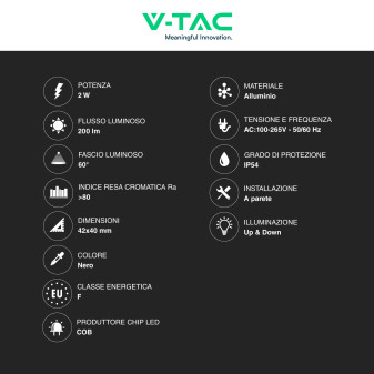 V-Tac VT-2502 Applique LED 2W COB IP54 Doppio Fascio Luminoso