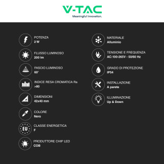 V-Tac VT-2502 Applique LED 2W COB IP54 Doppio Fascio Luminoso
