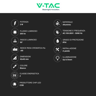 V-Tac VT-2502 Applique LED 2W COB IP54 Doppio Fascio Luminoso