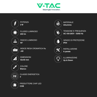 V-Tac VT-2502 Applique LED 2W COB IP54 Doppio Fascio Luminoso