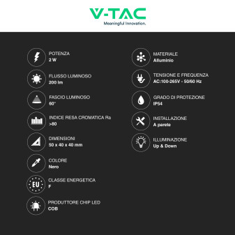 V-Tac VT-2503 Applique LED 2W COB IP54 Doppio Fascio Luminoso