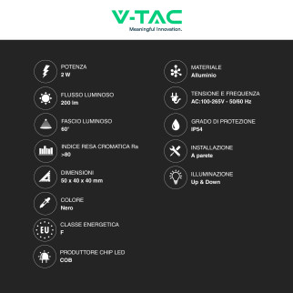 V-Tac VT-2503 Applique LED 2W COB IP54 Doppio Fascio Luminoso