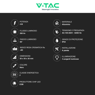 V-Tac VT-2544 Applique LED 4W COB IP54 con 4 Fasci Luminosi