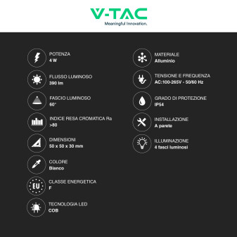V-Tac VT-2544 Applique LED 4W COB IP54 con 4 Fasci Luminosi