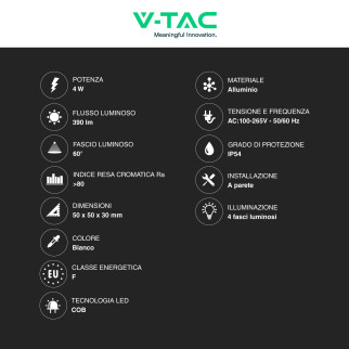 V-Tac VT-2544 Applique LED 4W COB IP54 con 4 Fasci Luminosi