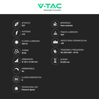 V-Tac VT-2272 Lampadina LED E27 4W B125 Filament Spiral