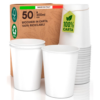50 Bicchieri in 100% Carta Biodegradabile Bianco da 200ml