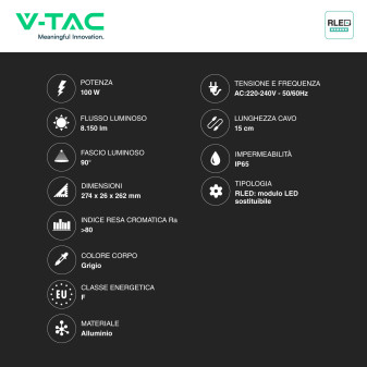 V-Tac VT-44100CCT Faro LED 100W SMD IP65 Led Sostituibili
