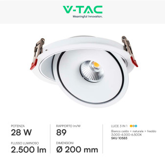 V-Tac Faretto LED COB 28W Incasso Rotondo Orientabile CCT