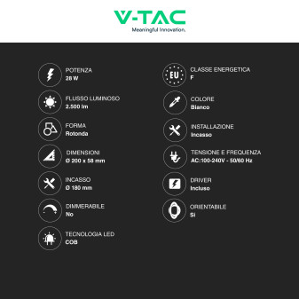 V-Tac Faretto LED COB 28W Incasso Rotondo Orientabile CCT