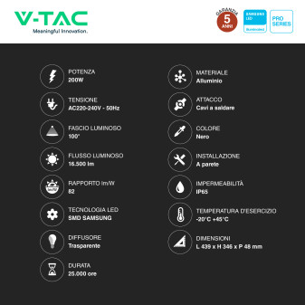 VT-200 Faro LED SMD 200W IP65 Chip Samsung Nero V-Tac
