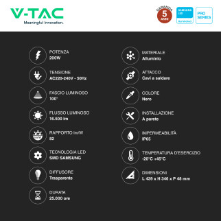 VT-200 Faro LED SMD 200W IP65 Chip Samsung Nero V-Tac