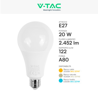 V-Tac Lampadina LED E27 20W Goccia A80 SMD Opaca