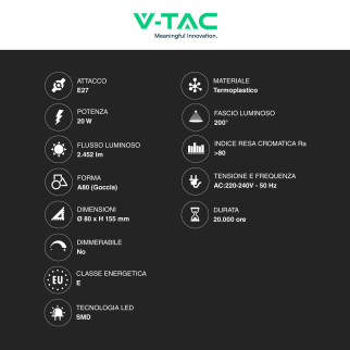 V-Tac Lampadina LED E27 20W Goccia A80 SMD Opaca