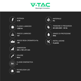 VT-8054 Lampada LED da Muro 12W SMD IP65 Colore Nero V-Tac