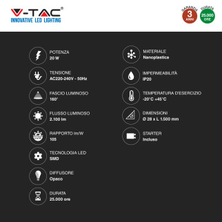 VT-1577 Tubo LED SMD Nano Plastic T8 G13 20W 150cm V-Tac