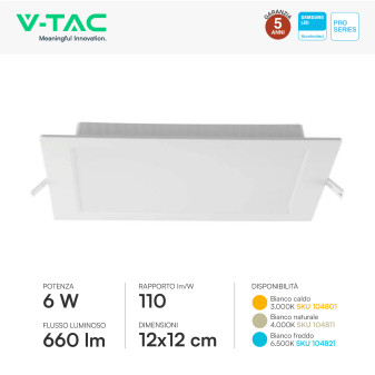 V-TAC PRO VT-61006 Mini Pannello LED Quadrato 6W SMD da Incasso