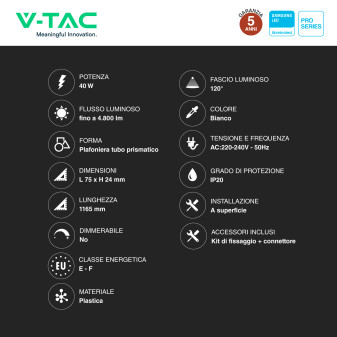 Tubo LED Prismatico Plafoniera 40W 120cm VT-8-40 V-Tac Pro