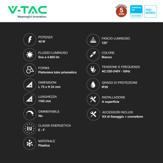 Tubo LED Prismatico Plafoniera 40W 120cm VT-8-40 V-Tac Pro