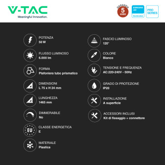 Tubo LED Prismatico Plafoniera 50W 150cm VT-8-50 V-Tac Pro