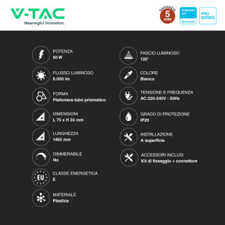 Tubo LED Prismatico Plafoniera 50W 150cm VT-8-50 V-Tac Pro