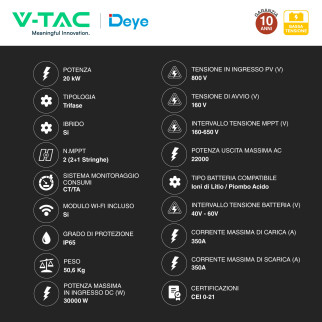 V-Tac Inverter Trifase Ibrido On-Grid / Off-Grid 20kW IP65