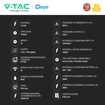V-Tac Inverter Trifase Ibrido On-Grid / Off-Grid 15kW IP65