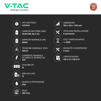 V-Tac Kit 8 Batterie BMS Stack LiFePO4 Fotovoltaico CEI 0-21 0-16