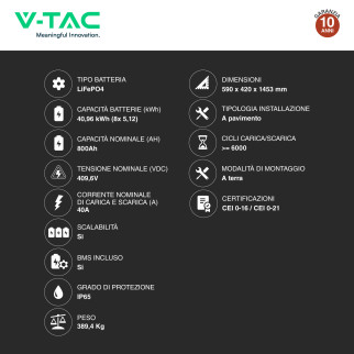 V-Tac Kit 8 Batterie BMS Stack LiFePO4 Fotovoltaico CEI 0-21 0-16