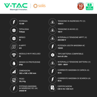 V-Tac Inverter Trifase Ibrido On-Grid / Off-Grid 15kW CEI 0-21 0-16