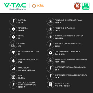V-Tac Inverter Trifase Ibrido On/Off-Grid 20kW CEI 0-21 0-16