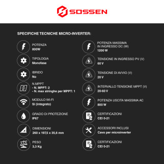Sossen Microinverter Monofase On-Grid 800W IP67 da Balcone CEI 0-21