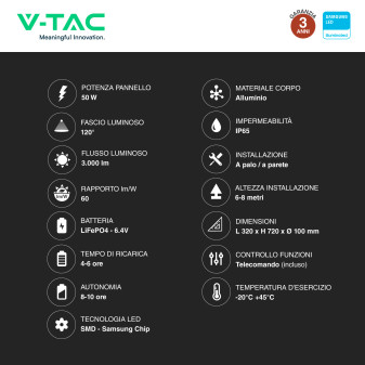 VT-ST303 Lampada Stradale LED con Pannello Solare IP65 V-Tac