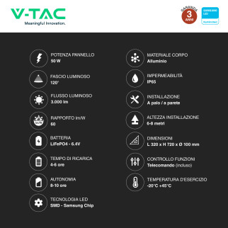 VT-ST303 Lampada Stradale LED con Pannello Solare IP65 V-Tac