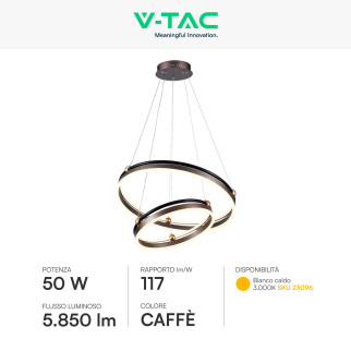 V-Tac VT-7578 Lampadario LED a Sospensione 50W SMD Colore Caffè