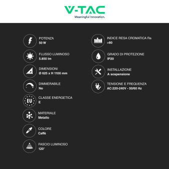 V-Tac VT-7578 Lampadario LED a Sospensione 50W SMD Colore Caffè
