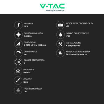 V-Tac VT-7824 Lampadario LED a Sospensione 57W SMD Colore Nero