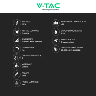 V-Tac VT-7824 Lampadario LED a Sospensione 57W SMD Colore Nero