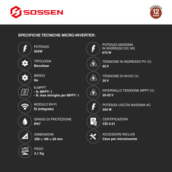 Sossen Microinverter Monofase On-Grid 500W IP67 da Balcone CEI 0-21