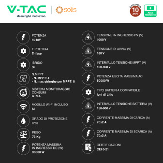 V-Tac Solis Inverter Trifase On-Grid / Off-Grid 50kW IP66