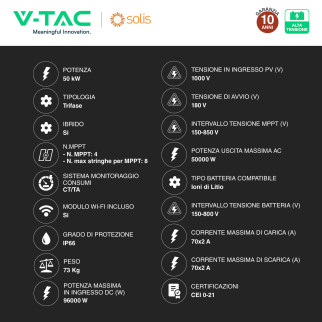 V-Tac Solis Inverter Trifase On-Grid / Off-Grid 50kW IP66