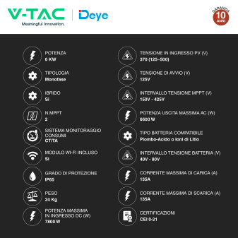 V-Tac Inverter Monofase Ibrido On-Grid / Off-Grid 6kW IP65 CEI 0-21
