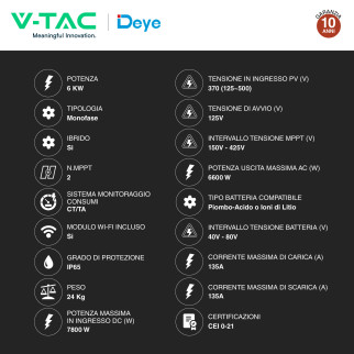 V-Tac Inverter Monofase Ibrido On-Grid / Off-Grid 6kW IP65 CEI 0-21